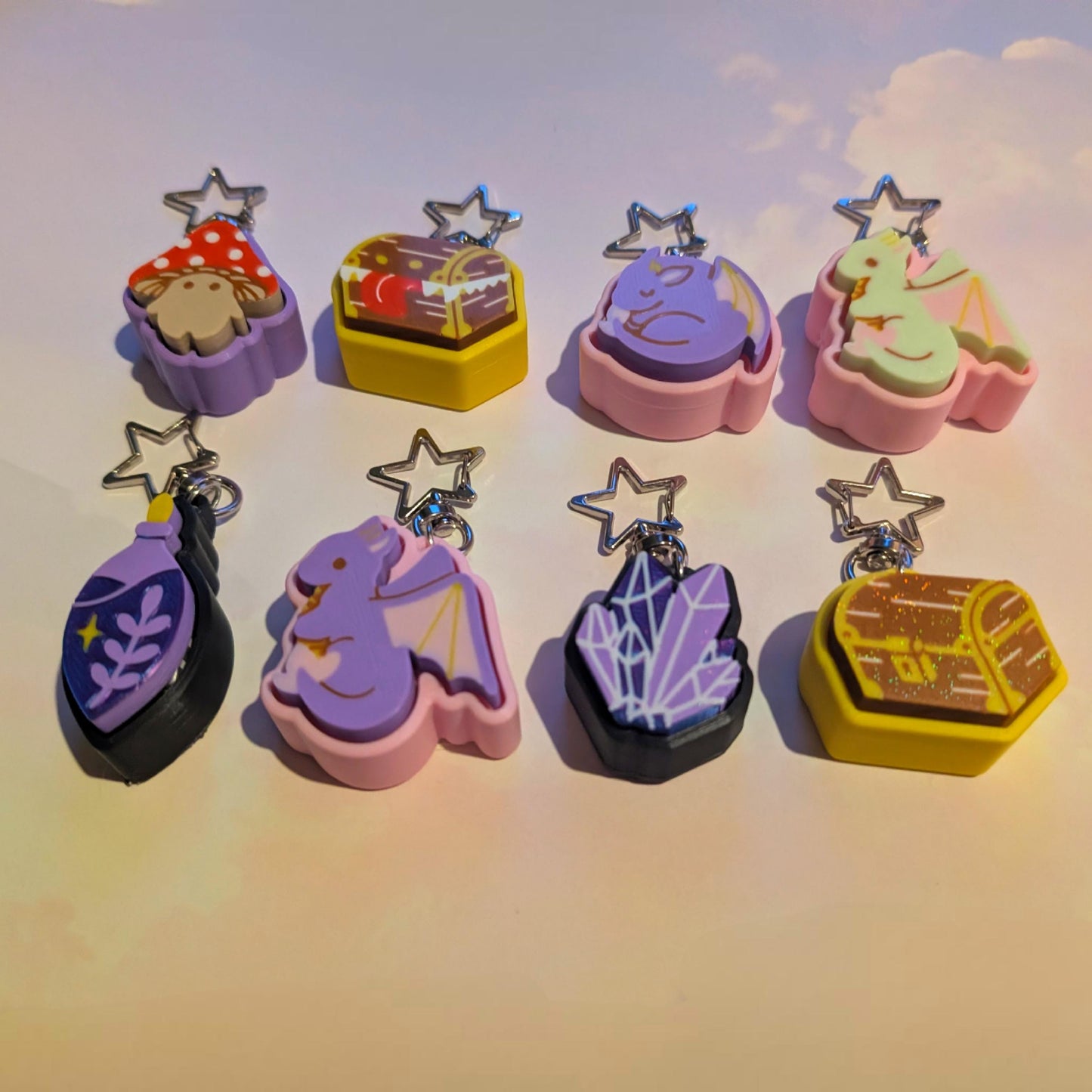 Fantasy dungeon D&D dungeons and dragons inspired fidget clicker keychains! Sparkly, glittery gift
